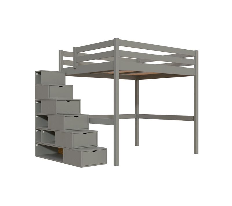 Lit Mezzanine Bois 160x200 Avec Escalier Cube Sylvia, Gris