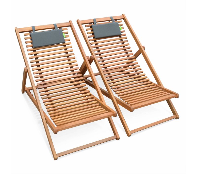 Chiliennes Bois à Lattes - Bilbao - 2 Transats En Bois D'eucalyptus Huilé Avec Coussin Repose-tête
