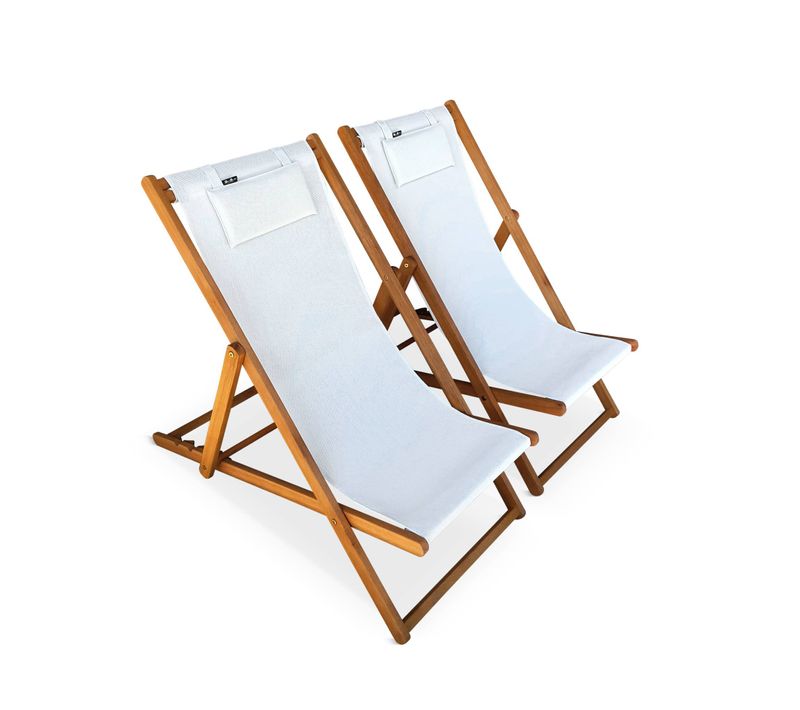 Chiliennes Bois - Creus - 2 Transats En Bois D'eucalyptus Huilé Avec Coussin Repose-tête Blanc