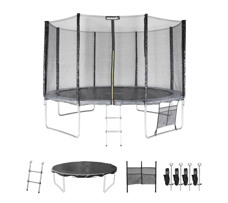 Trampoline 370cm - Saturne XXL Gris - Avec Filet De Protection. Échelle. Bâche. Filet Pour
