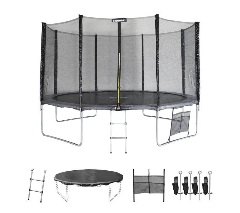 Trampoline 400cm Gris Avec Filet De Protection.  Échelle. Bâche. Filet Pour Chaussures. Kit