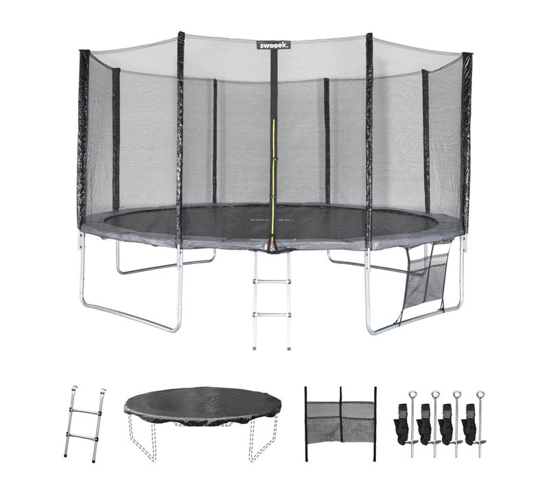 Trampoline 430cm Gris Avec Filet De Protection.  Échelle. Bâche. Filet Pour Chaussures. Kit