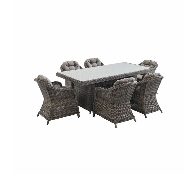 Table De Jardin Résine Arrondie + 6 Assises - Lecco Gris - Coussins Beige - 6 Places - 6 Fauteuils.