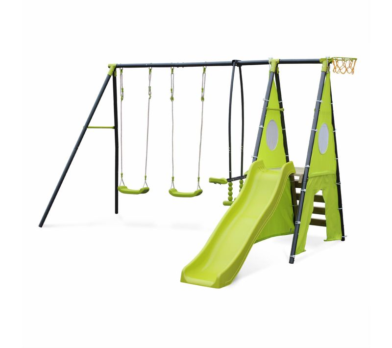 Balançoire 5 Agrès - Portique Avec 2 Balançoires. 1 Face à Face. 1 Toboggan. 1 Panier De Basket. 1