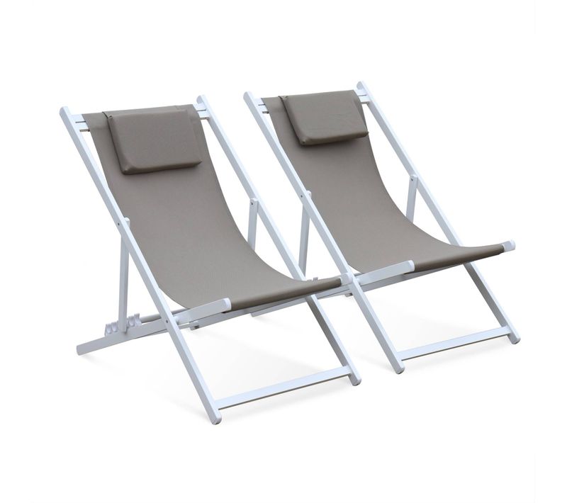 Lot De 2 Bains De Soleil - Gaia Taupe - En Aluminium Blanc Et Textilene Taupe Avec Coussin Repose