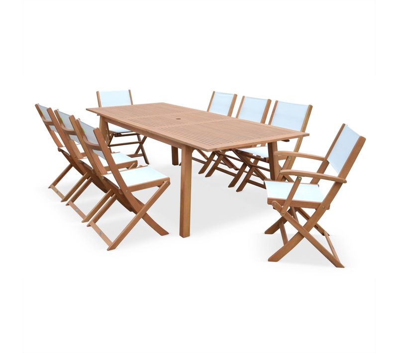 Table De Jardin Extensible Bois D'eucalyptus + 8 Assises En Bois D'eucalyptus Huilé Et Textilène