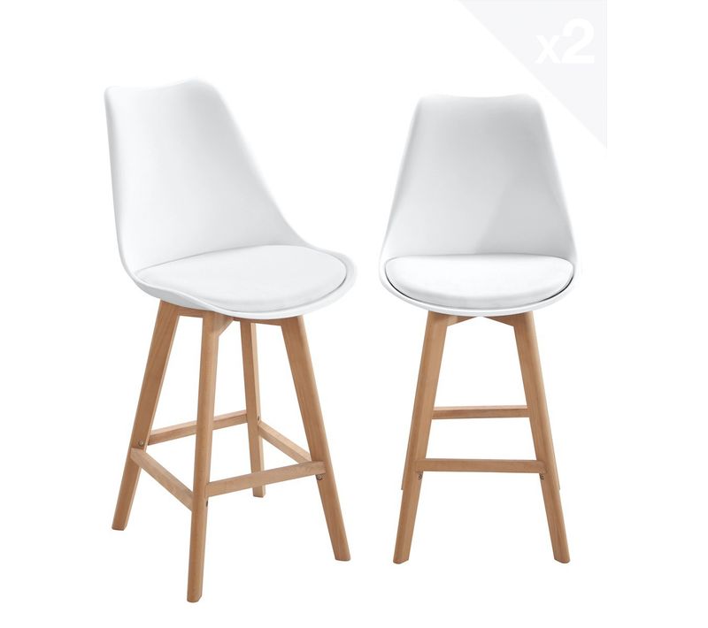 Lot 2 Chaises De Bar Scandinaves 70cm Large Siège Coussin Simili Pieds Bois Tika (blanc)