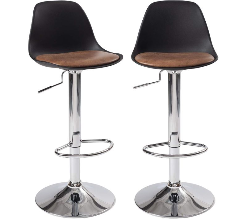 Lot 2 Tabourets De Bar Coussin Effet Vintage Pivotant Hauteur Réglable Chromé Sig+ (noir Marron)