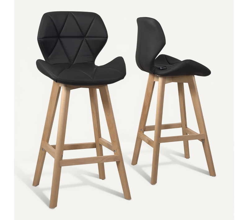 Lot 2 Chaises De Bar Scandinaves 67cm Simili Matelassé Pieds Bois Fata (noir)
