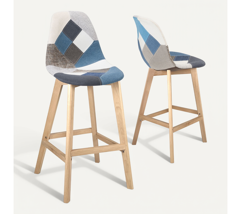 Lot 2 Chaise De Bar 67cm Patchwork Tissu Large Siège Rembourré Pieds Bois Slick (bleu)