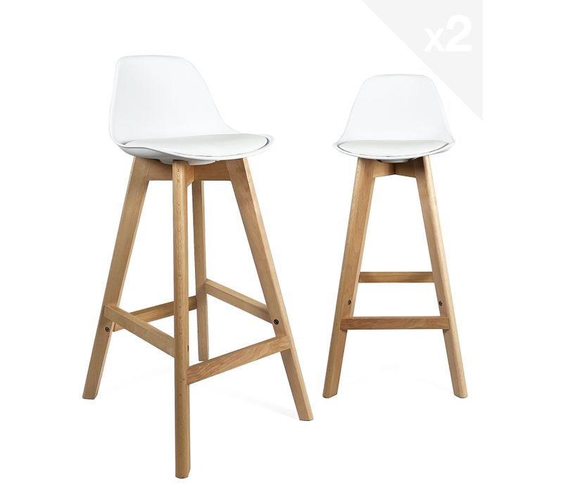 Lot 2 Chaises De Bar Scandinaves Hauteur 67 Cm Coussin Simili Pieds Bois Mali (blanc)