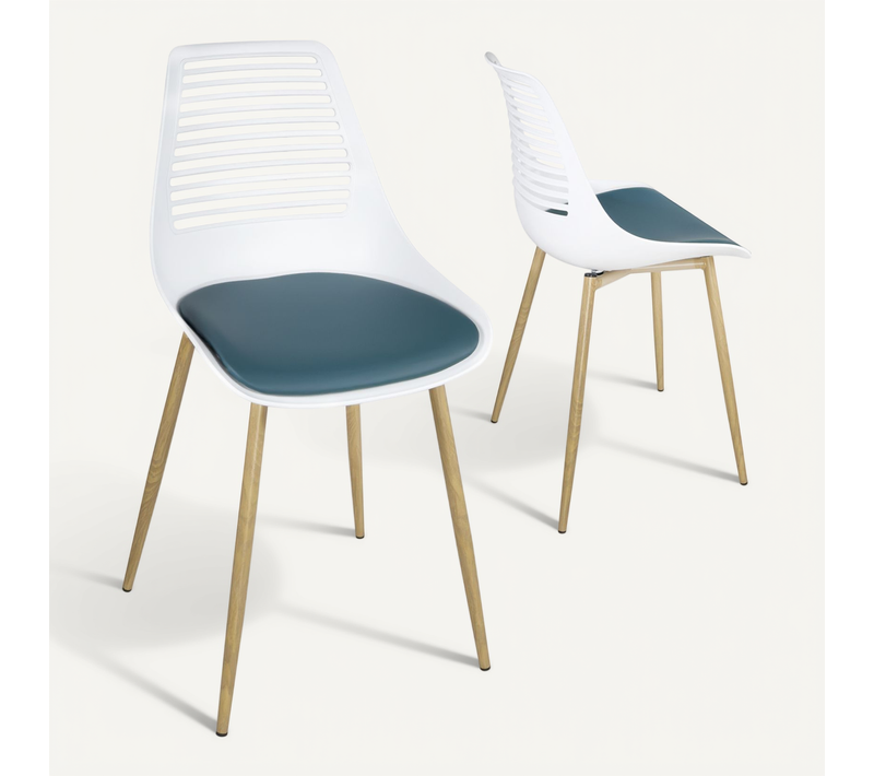 Lot De 2 Chaises De Cuisine Geos Avec Dossier Ajouré, Assise En Simili Blanc Et Bleu