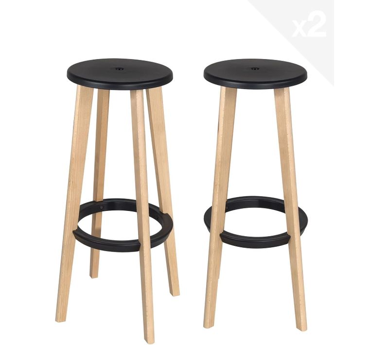 Lot 2 Tabourets De Cuisine Bar Scandinaves Ronds Hauteur 76 Cm Bois Clair Kibi (noir)