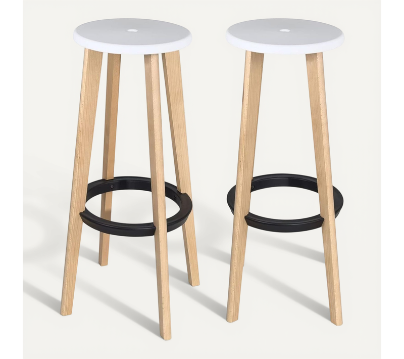 Lot De 2 Tabourets De Cuisine Bar Scandinaves Ronds Hauteur 76cm Bois Clair Kibi (blanc)