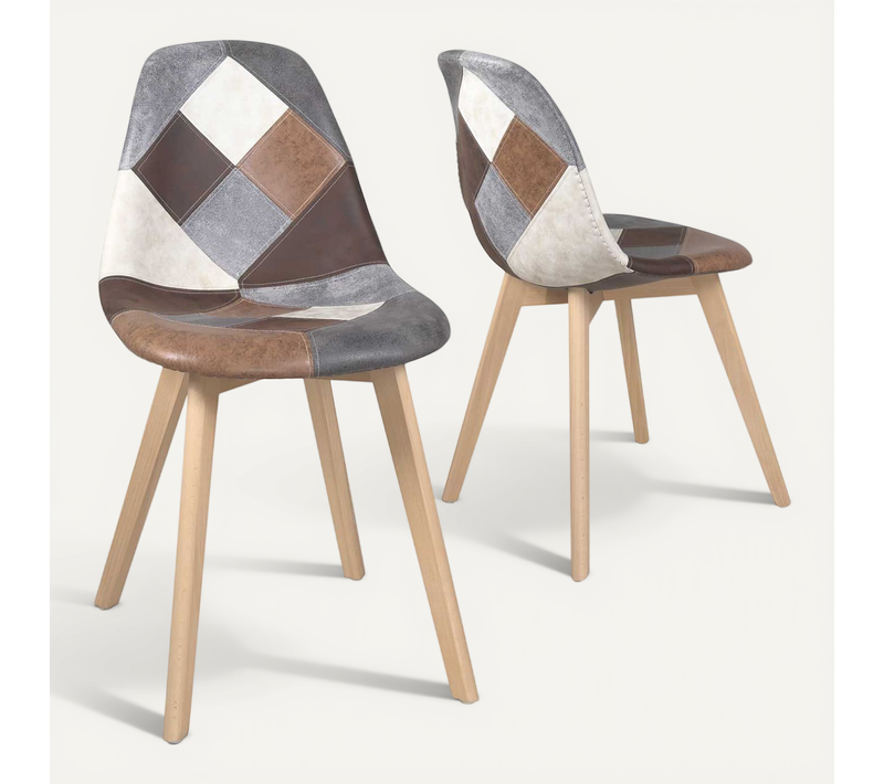 Lot De 2 Chaises Scandinaves Nada En Tissu Patchwork Marron Avec Pieds Bois Clair