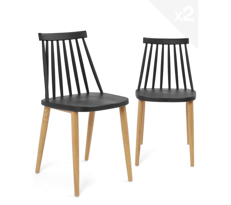 Lot 2 Chaises De Cuisine Scandinaves Siège Plastique à Barreaux Pied Métal Ton Bois Bao (noir)