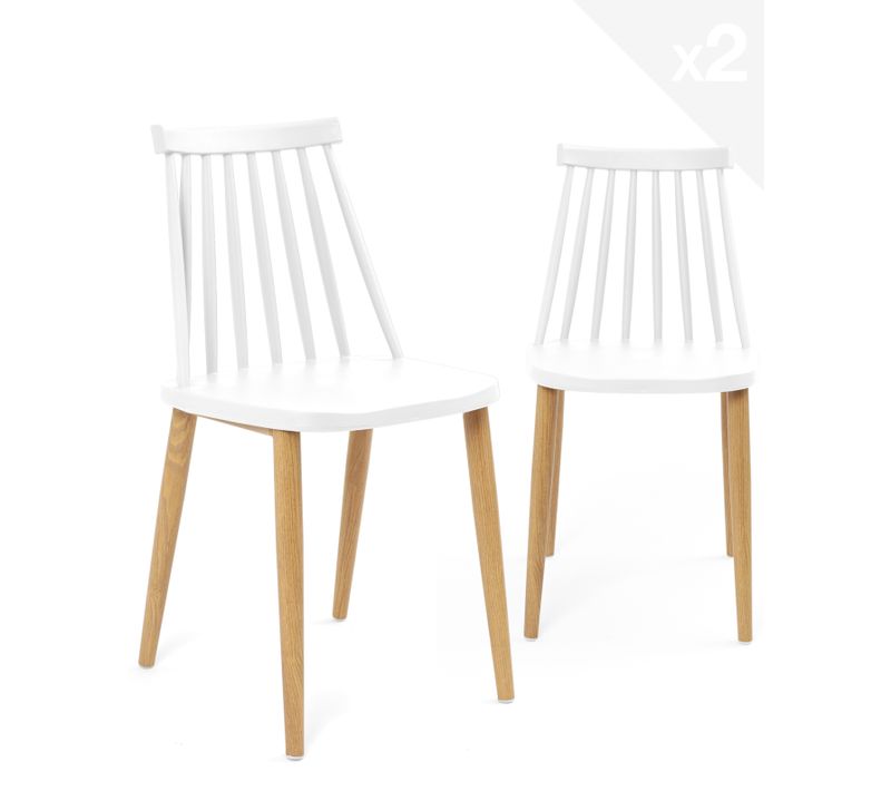Lot 2 Chaises De Cuisine Scandinaves Siège Plastique à Barreaux Pied Métal Ton Bois Bao (blanc)