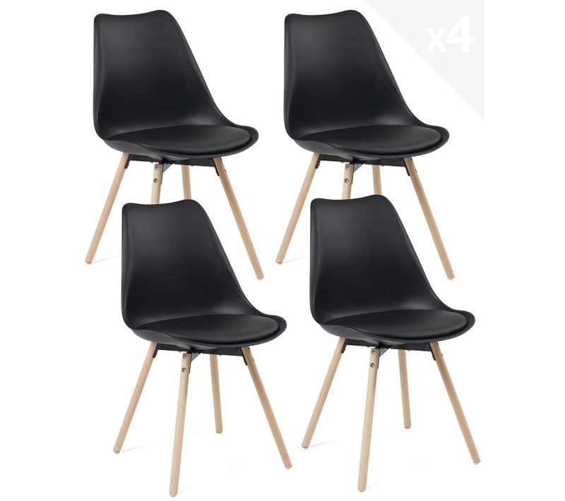 Lot 4 Chaises Scandinaves Cuisine Coussin Simili Pieds Bois Clair Mia (noir)