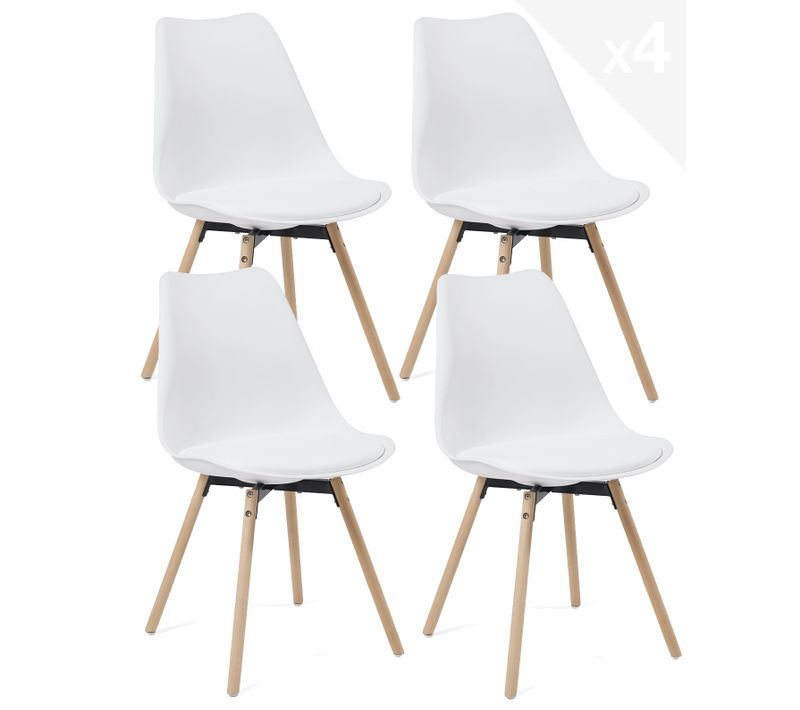 Lot 4 Chaises Scandinaves Cuisine Coussin Simili Pieds Bois Clair Mia (blanc)