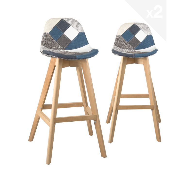 Lot 2 Chaises De Bar Scandinaves Hauteur 67 Cm Patchwork Tissu Pieds Bois Mali (bleu)