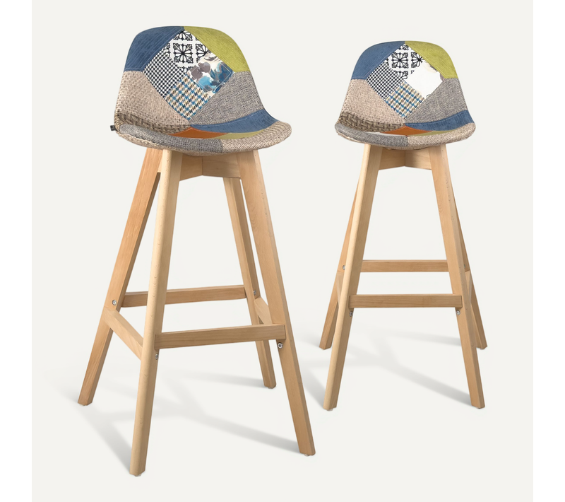 Lot De 2 Chaises De Bar Scandinaves Hauteur 67 Cm En Tissu Patchwork Floral Avec Pieds Bois Mali