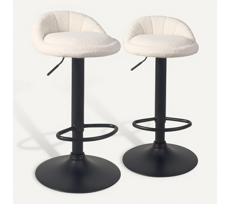 Lot 2 Tabourets De Bar-cuisine Bouclette Pivotant Hauteur Réglable Pied Noir Sati+  (blanc)