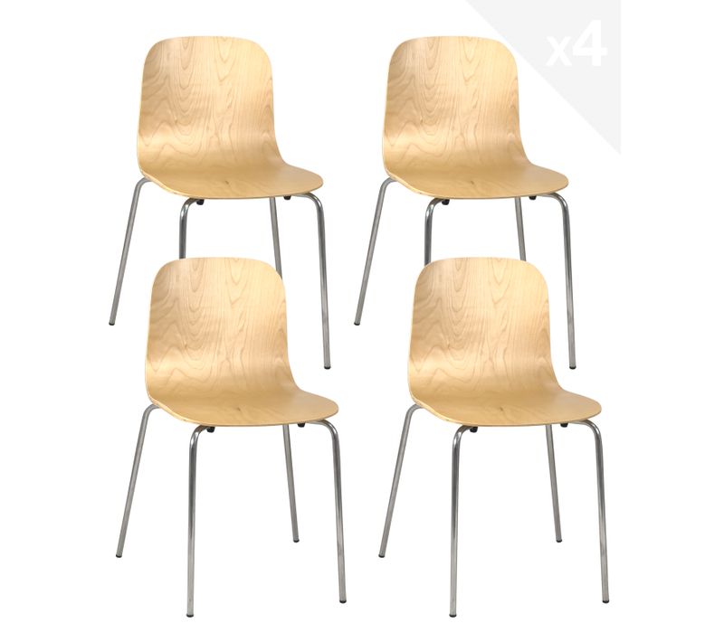 Lot 4 Chaises De Cuisine Design Retro Siège Bois Pieds Chrome Rio (bois Clair)