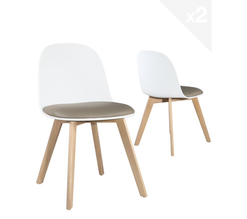 Lot 2 Chaises De Cuisine Scandinaves Pieds Bois Clair Coussin Simili Rembourré Ufi (blanc-gris)