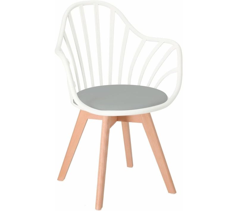 Chaise à Barreaux Scandinave Accoudoirs Coussin Simili Pieds Bois Clair Bold+ (blanc Gris)