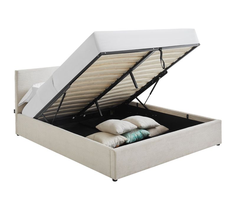 Lit Coffre Adulte 140x190 Cm Avec Tête De Lit Matelassée En Velours Côtelé Beige Et Sommier - Tina