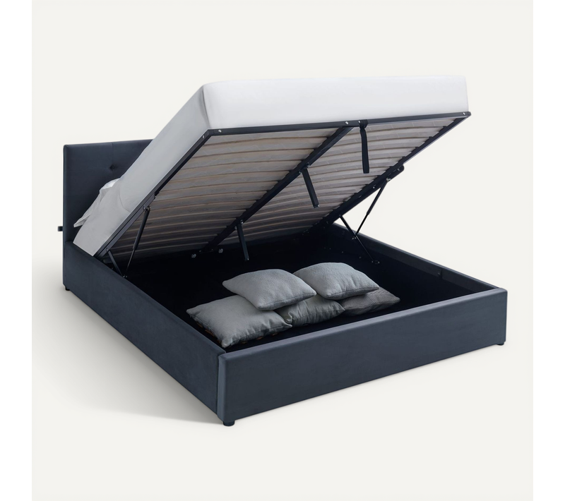 Lit Coffre Adulte 160x200 Cm Avec Tête De Lit Matelassée En Velours Gris Foncé Et Sommier - Tina