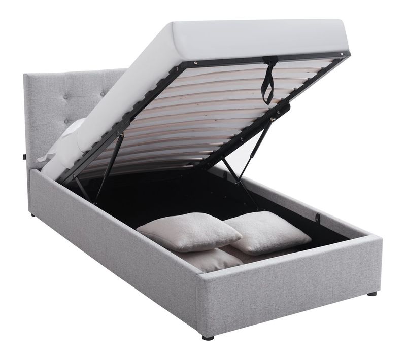 Lit Coffre Adulte 90x190 Cm Avec Tête De Lit Matelassée En Tissu Gris Et Sommier - Tina