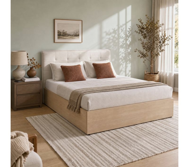 Lit coffre 160x200 cm avec MELLO imitation chêne et tissu beige