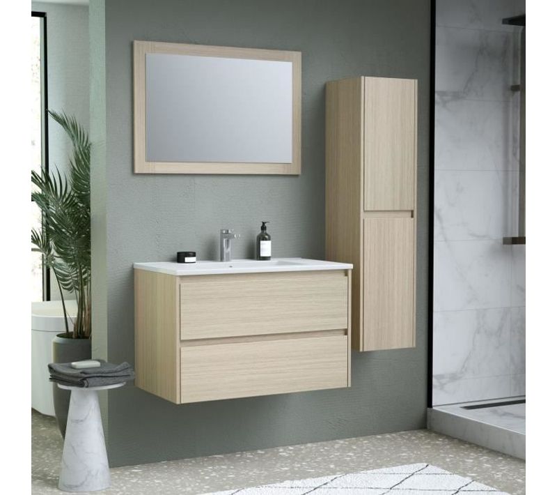 Ensemble Timber - Set De Salle De Bain 80 - Vanity + Vasque + Miroir + Colonne