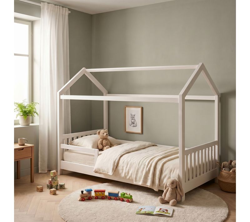 Lit cabane 90x190 cm avec sommier HUTTY blanc en pin massif