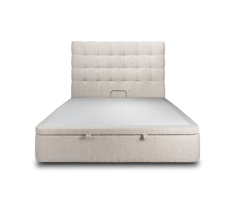 Lit Coffre 200x200cm Avec Tête De Lit Capitonnée Bouclette Beige - Hauteur Totale : 39cm