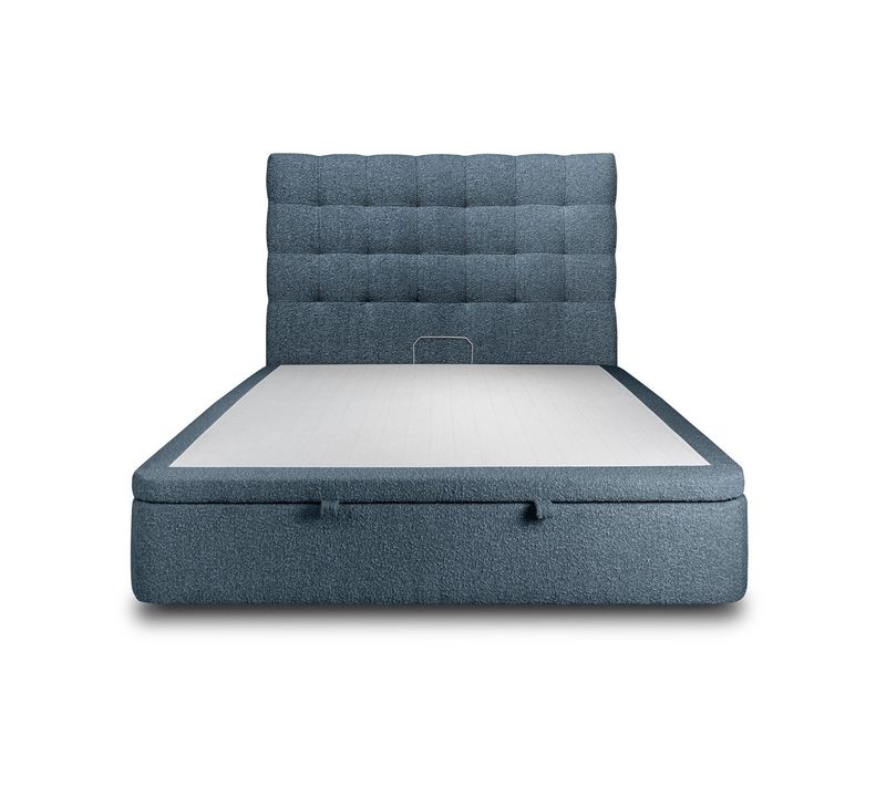 Lit Coffre 200x200cm Avec Tête De Lit Capitonnée Bouclette Bleu - Hauteur Totale : 39cm