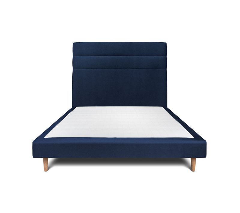 Lit 160x200cm Avec Tête De Lit Lignes Velours Et Sommier Tapissier Bleu