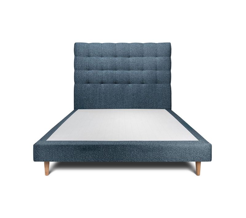 Lit 140x190cm Avec Tête De Lit Capitonnée Bouclette Et Sommier Tapissier Bleu