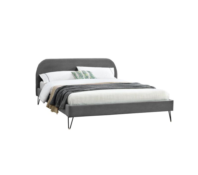 Phoenix Lit 140 Velours Gris et Pieds Noirs