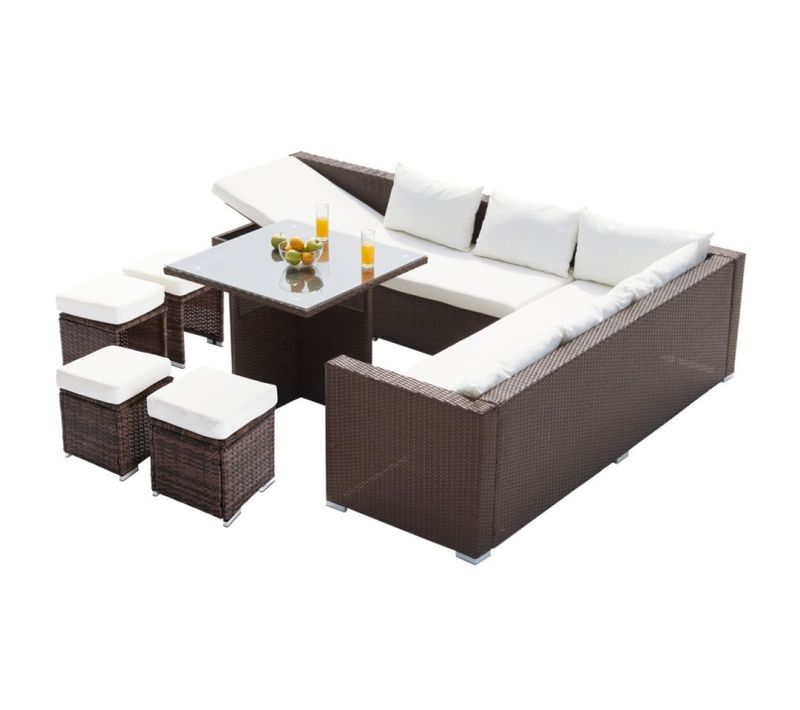 Samoa - Salon De Jardin Encastrable Marron En Résine Tressée 10 Places