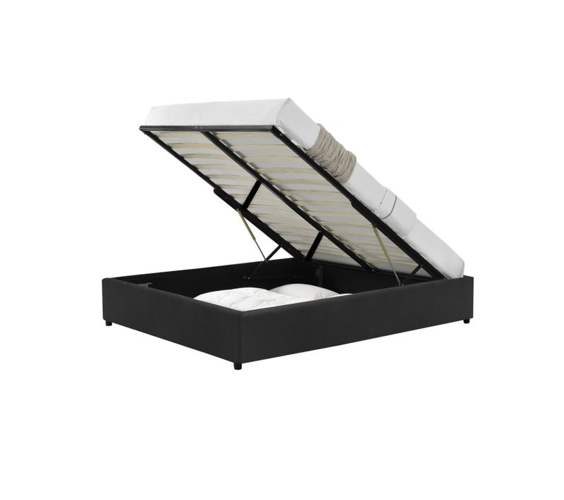 Lit Kennington - Structure De Lit Velours Noir Avec Coffre De Rangement Intégré -160x200 Cm