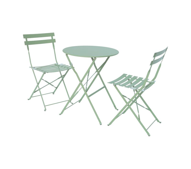 Table De Jardin Bistrot Pliante Métal + 2 Assises Vert De Gris Ø60 X 70cm. Acier Thermolaqué