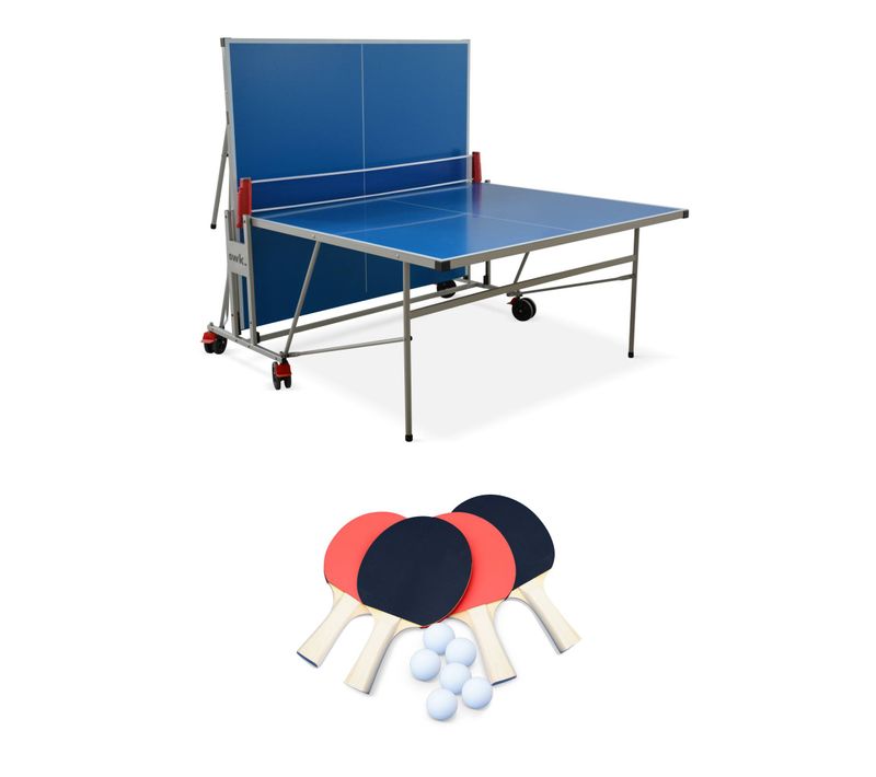 Table De Ping Pong Outdoor Bleue - Table Pliable Avec 4 Raquettes Et 6 Balles
