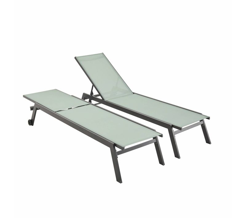 Lot De 2 Bains De Soleil Elsa En Aluminium Gris Anthracite Et Textilène Vert De Gris. Transats