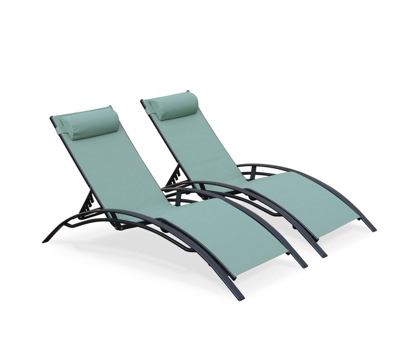 Duo De Bains De Soleil Aluminium - Louisa Vert De Gris - Transats Aluminium Et Textilène