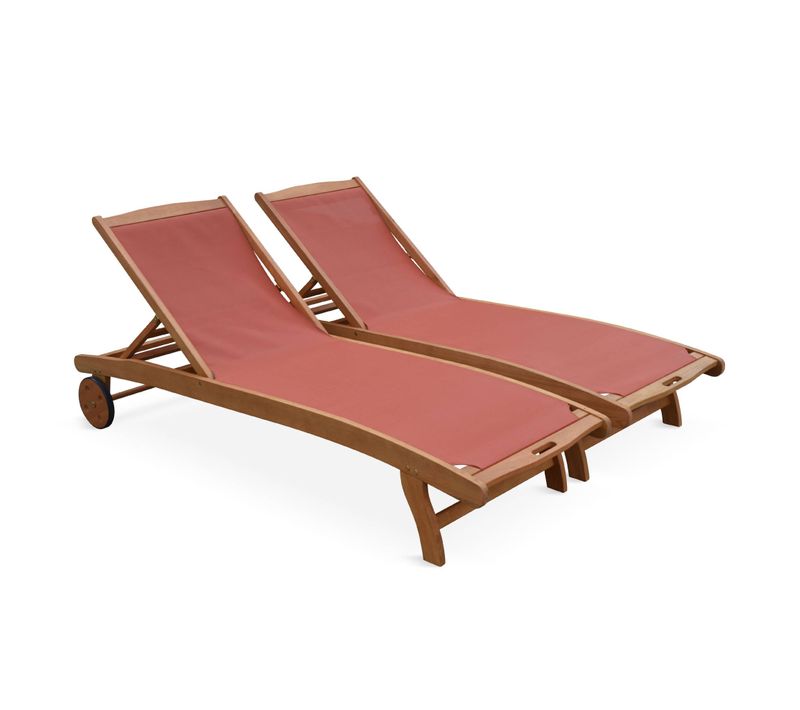 Bains De Soleil En Bois - Marbella Terra Cotta - 2 Transats En Bois D'eucalyptus Huilé Et Textilène