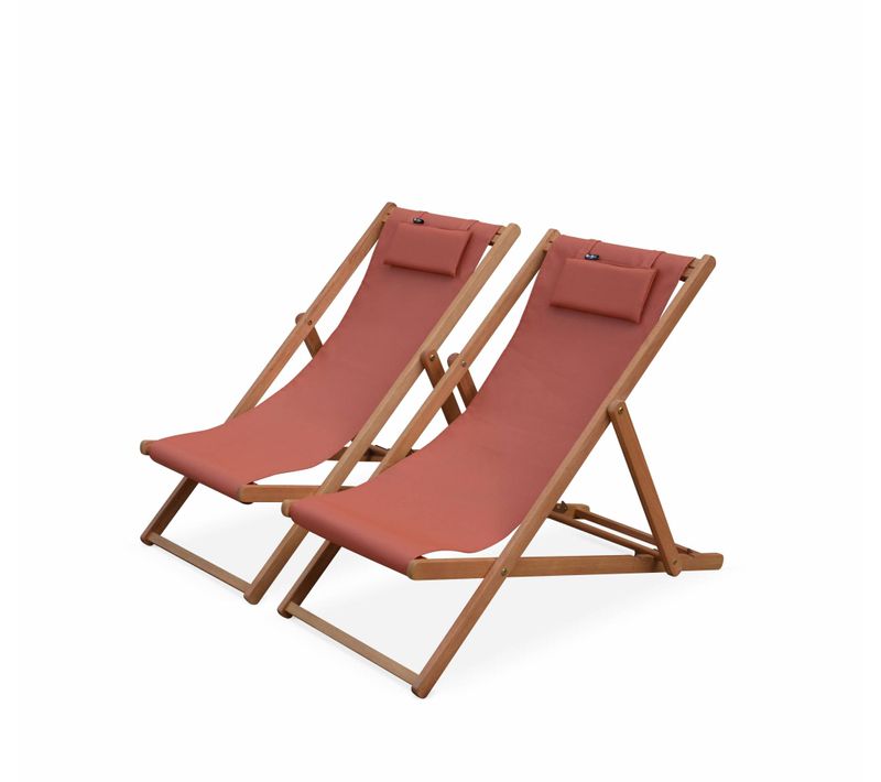 Chiliennes Bois - Creus - 2 Transats En Bois D'eucalyptus Huilé Avec Coussin Repose-tête Terra