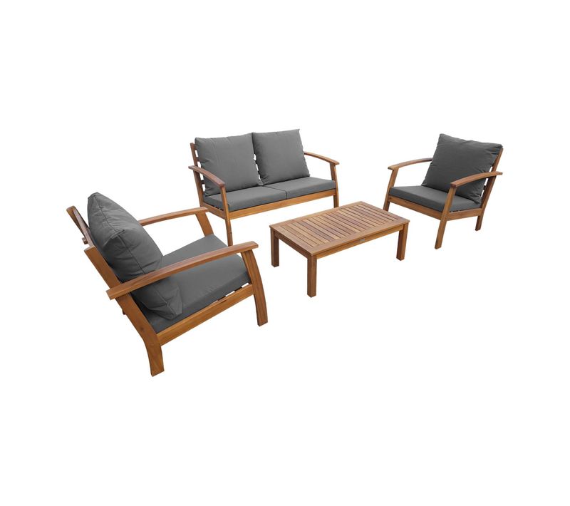 Salon De Jardin En Bois 4 Places - Ushuaïa - Coussins Gris. Canapé. Fauteuils Et Table Basse En