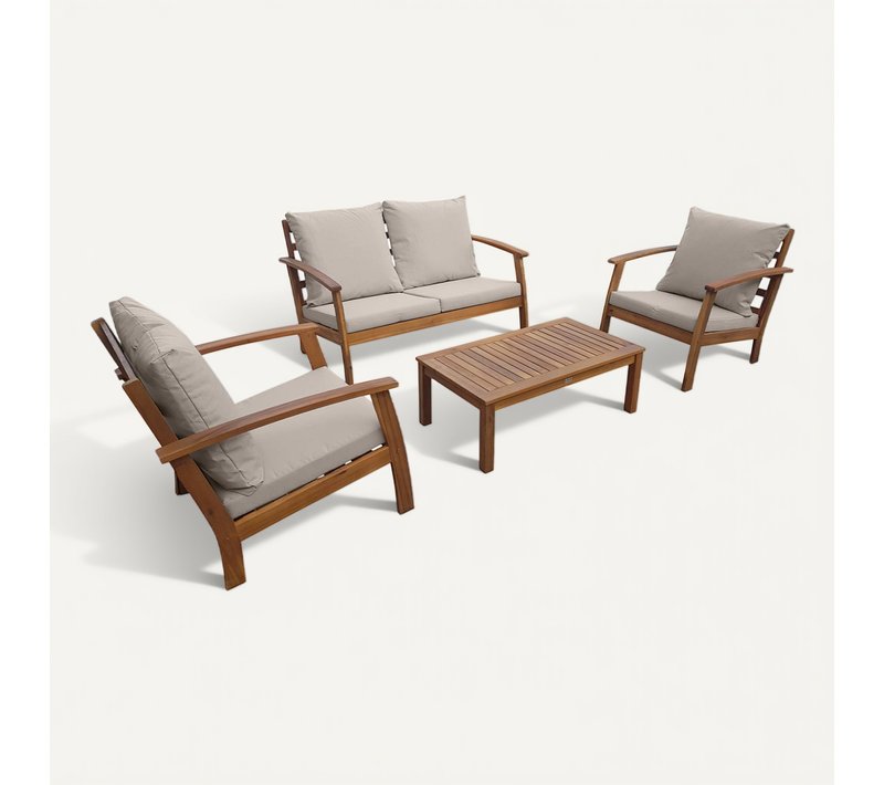 Salon De Jardin En Bois 4 Places - Ushuaïa - Coussins écrus. Canapé. Fauteuils Et Table Basse En